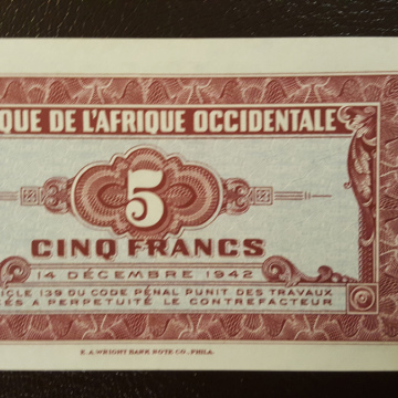 Billet 5 Francs Banque de l'Afrique Occidentale 14 Décembre 1942 SUP