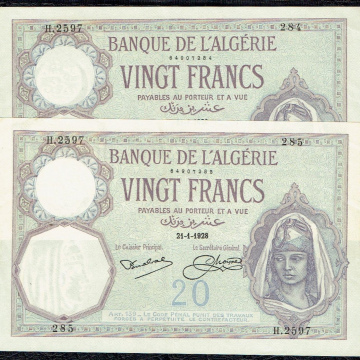 Algerie 20 francs 1928- 2 consecutives  